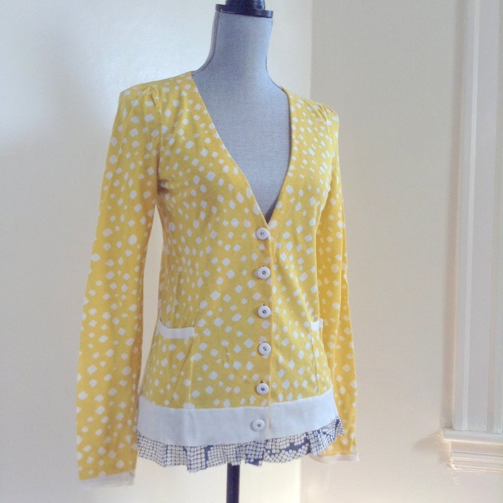 Leifsdottir Anthropologie Yellow Polka Dot Ruffle Hem Cotton Cardigan Sweater XS